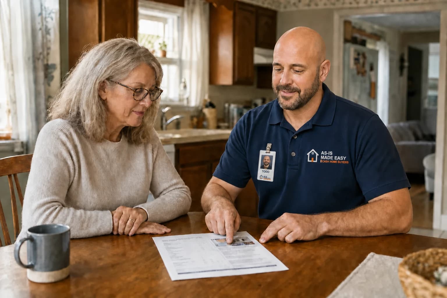 Todd from As-Is Made Easy reviewing property information with a homeowner at her kitchen table